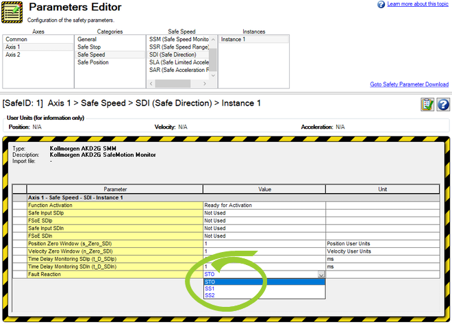 Parameters Editor with all values for Fault Reaction shown and circled